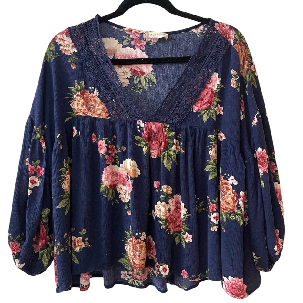 Altar’d State Flowy Navy Blue Floral Lace Long Sleeve Blouse Medium